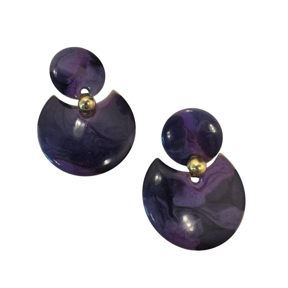 Vintage 1990s Womens Purple Enamel & Brass Dangle Drop Earrings